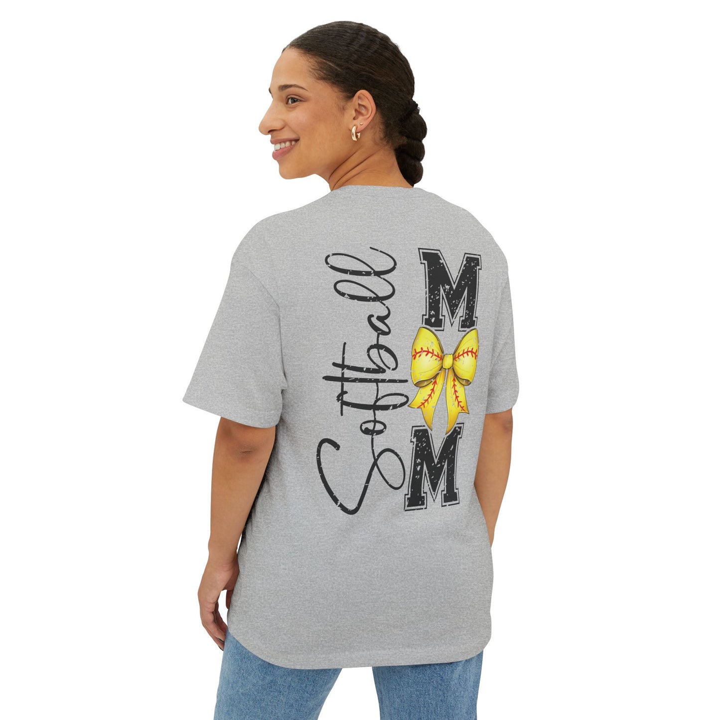 Softball Mom Tee — Yellow Bow Graphic Oversized Boxy Shirt