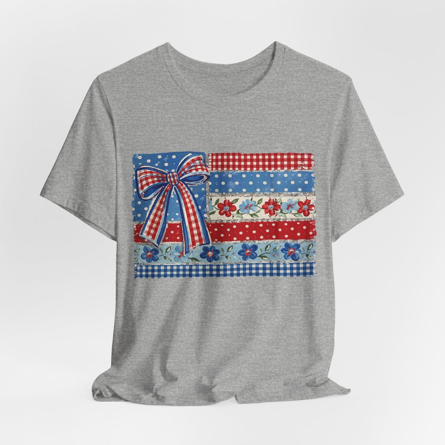 Patriotic Patchwork Flag Tee — Red, White & Blue Bow Fourth of July Shirt