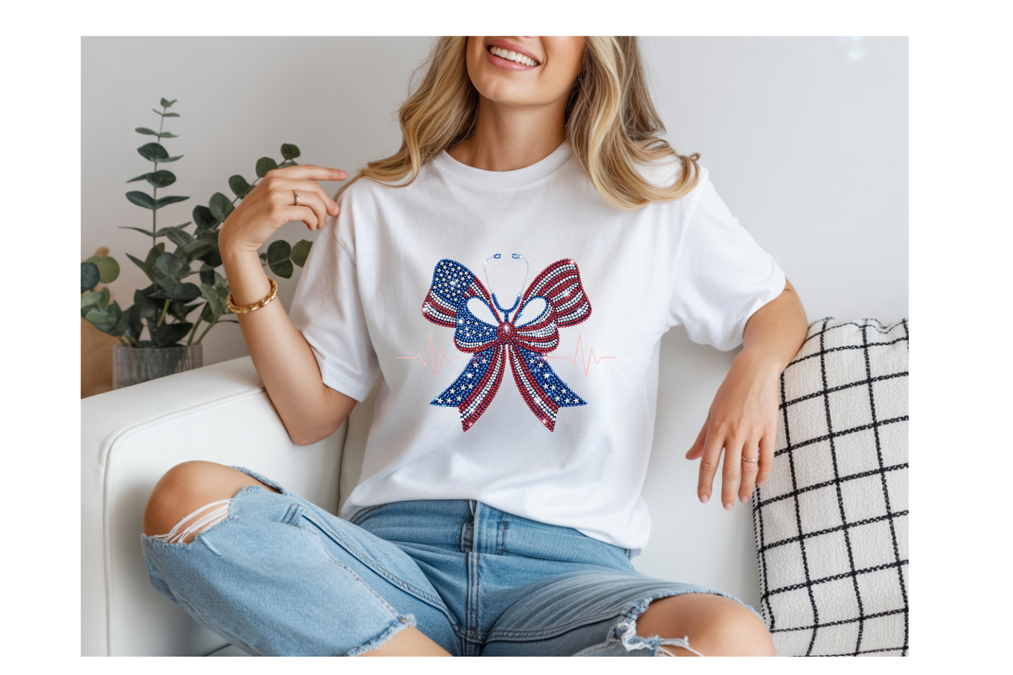Patriotic American Flag Bow T-Shirt — 4th of July Stars & Stripes Tee