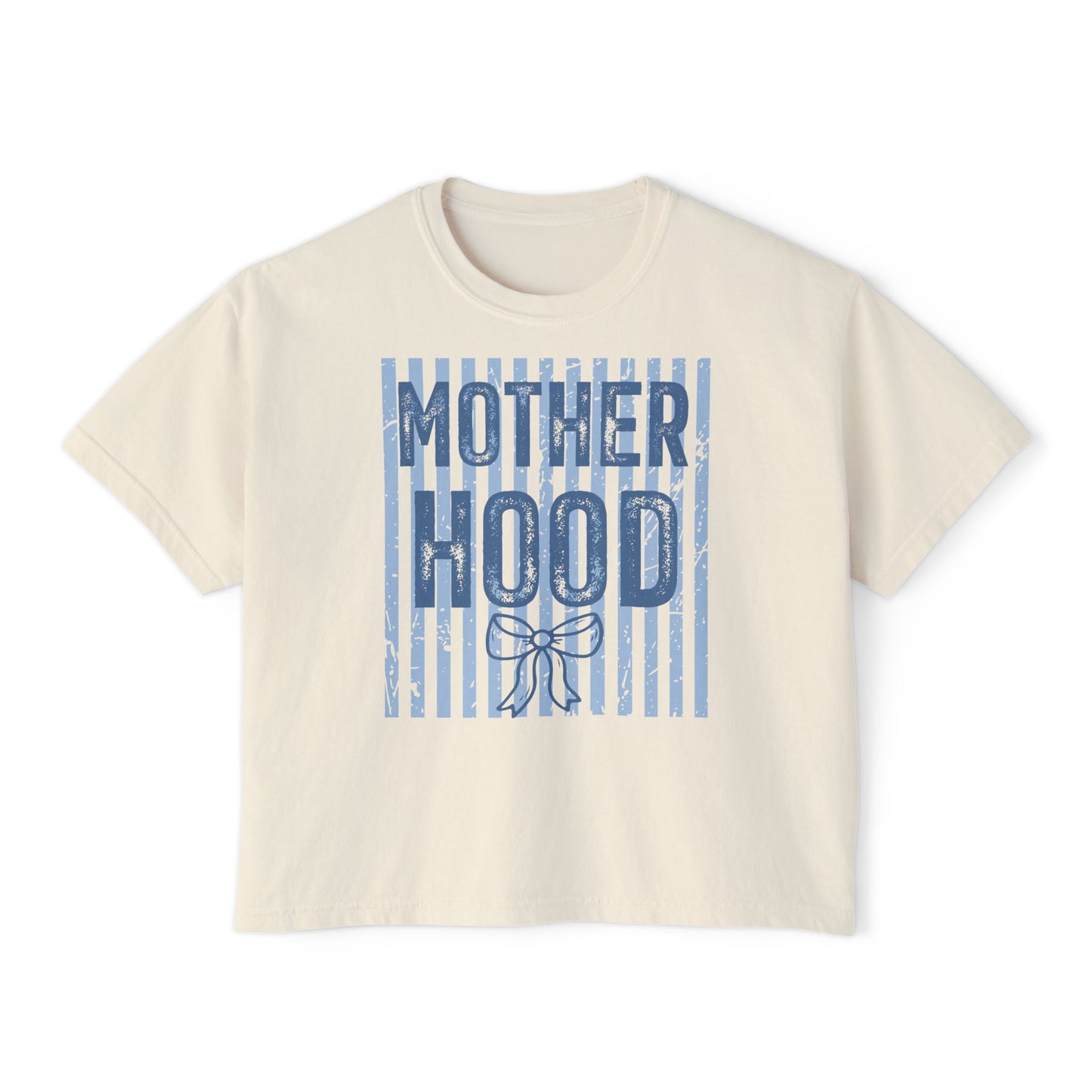 Motherhood Boxy Tee — Vintage Blue Striped Mom Shirt
