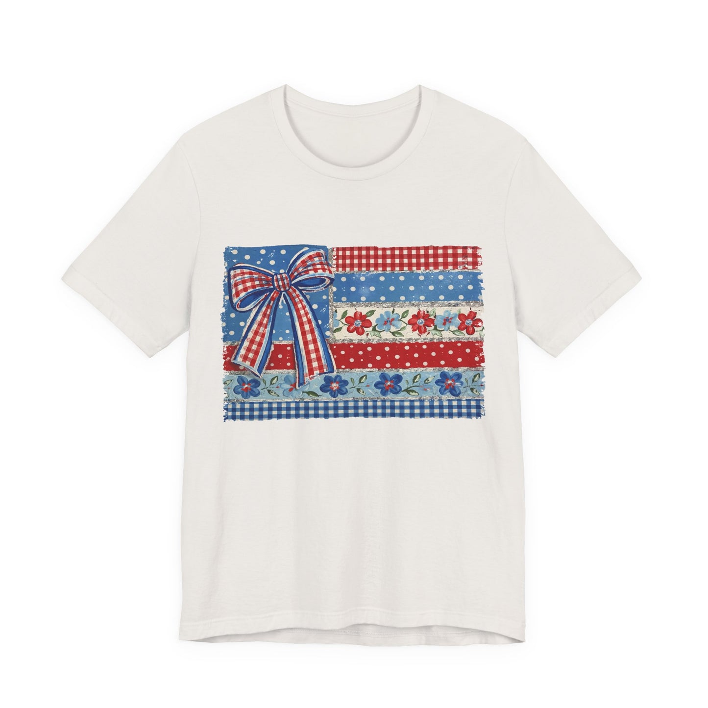 Patriotic Patchwork Flag Tee — Red, White & Blue Bow Fourth of July Shirt