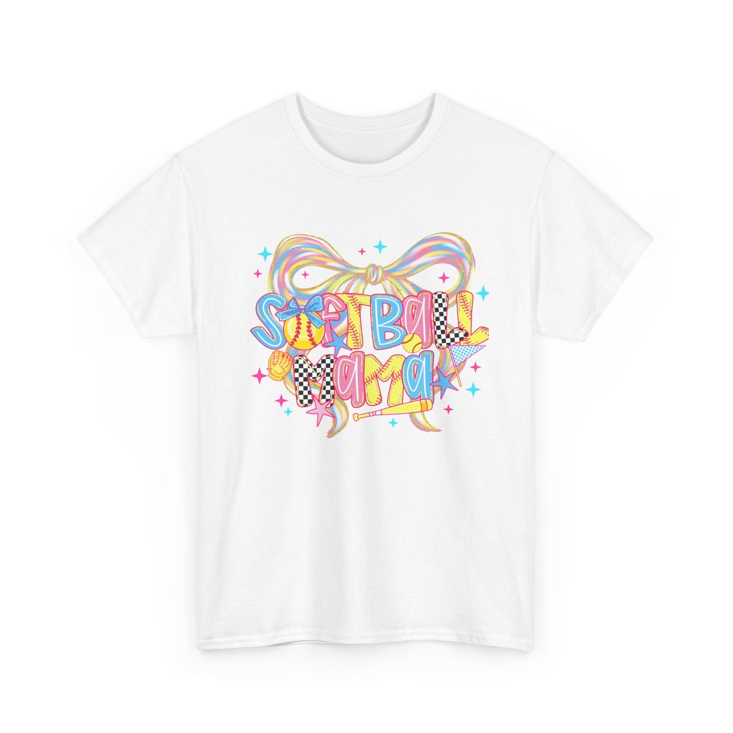 Cheerful 'Softball Mom' Graphic Tee — Pastel Bow & Sparkle Design