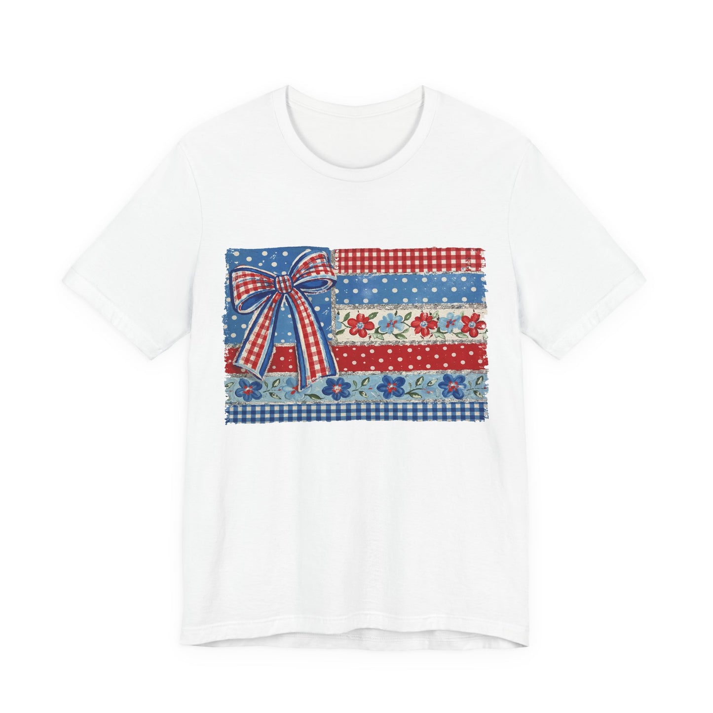 Patriotic Patchwork Flag Tee — Red, White & Blue Bow Fourth of July Shirt