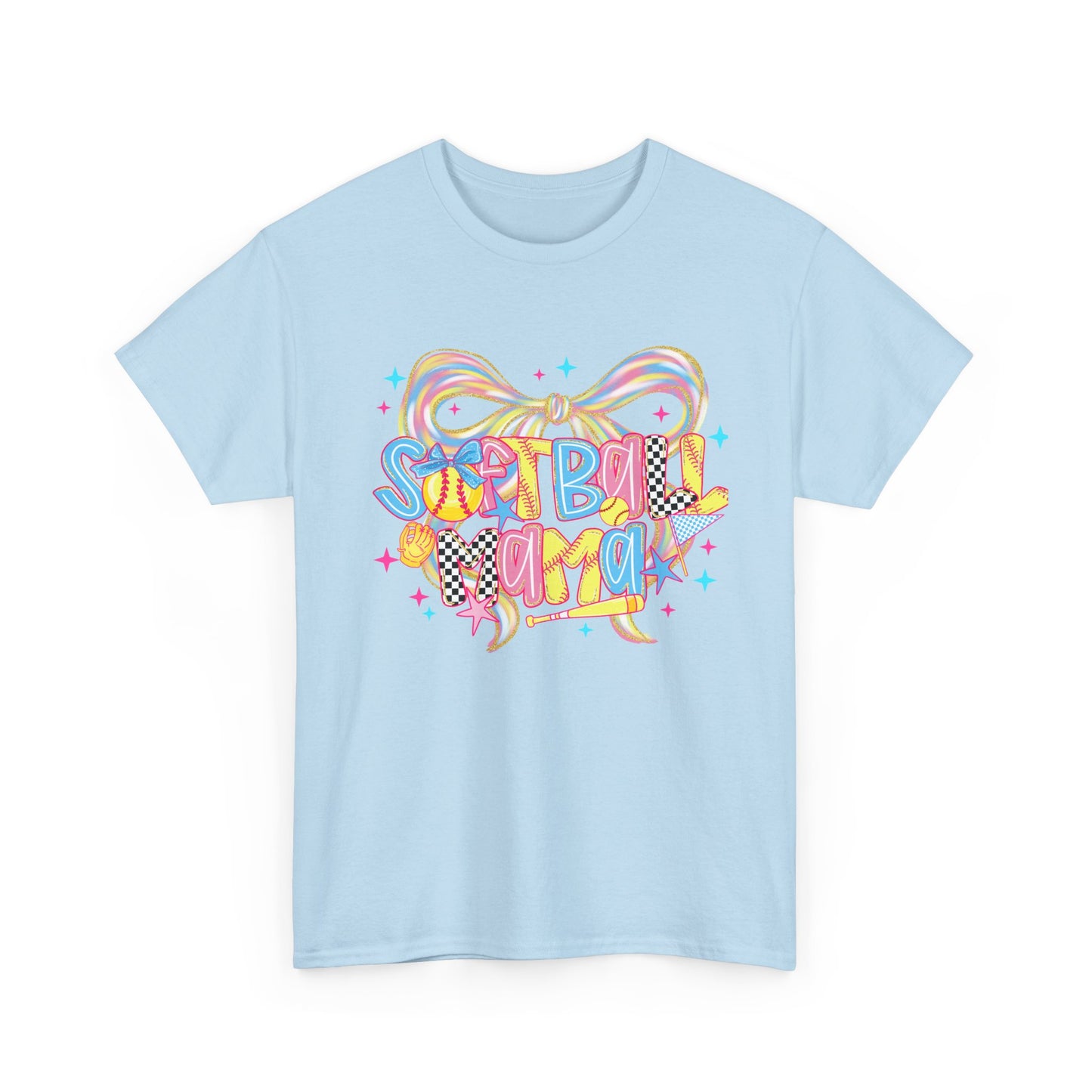 Cheerful 'Softball Mom' Graphic Tee — Pastel Bow & Sparkle Design