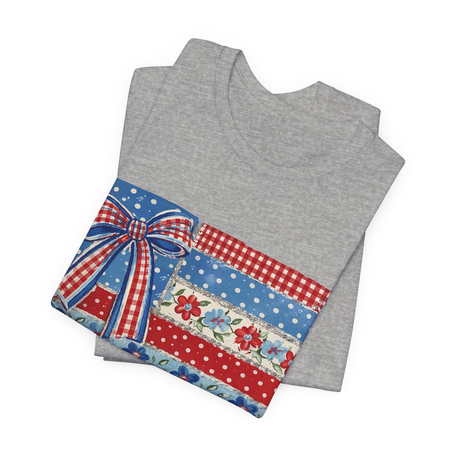 Patriotic Patchwork Flag Tee — Red, White & Blue Bow Fourth of July Shirt