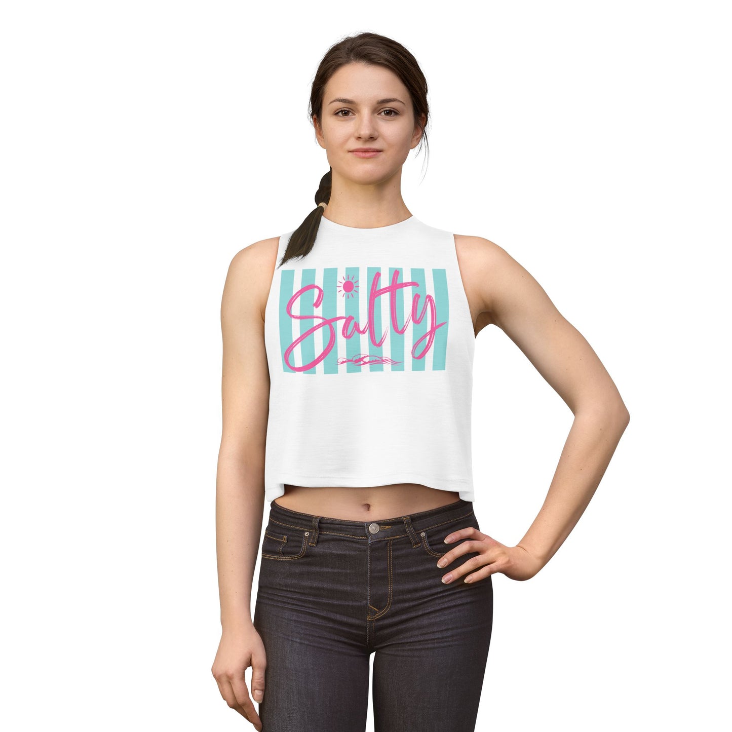 Salty Crop Top — Women's Beachy Striped Tank with Pink Script