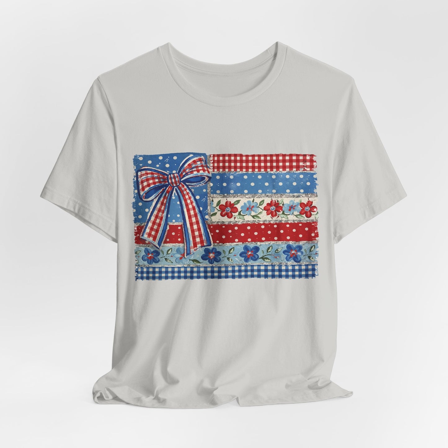 Patriotic Patchwork Flag Tee — Red, White & Blue Bow Fourth of July Shirt