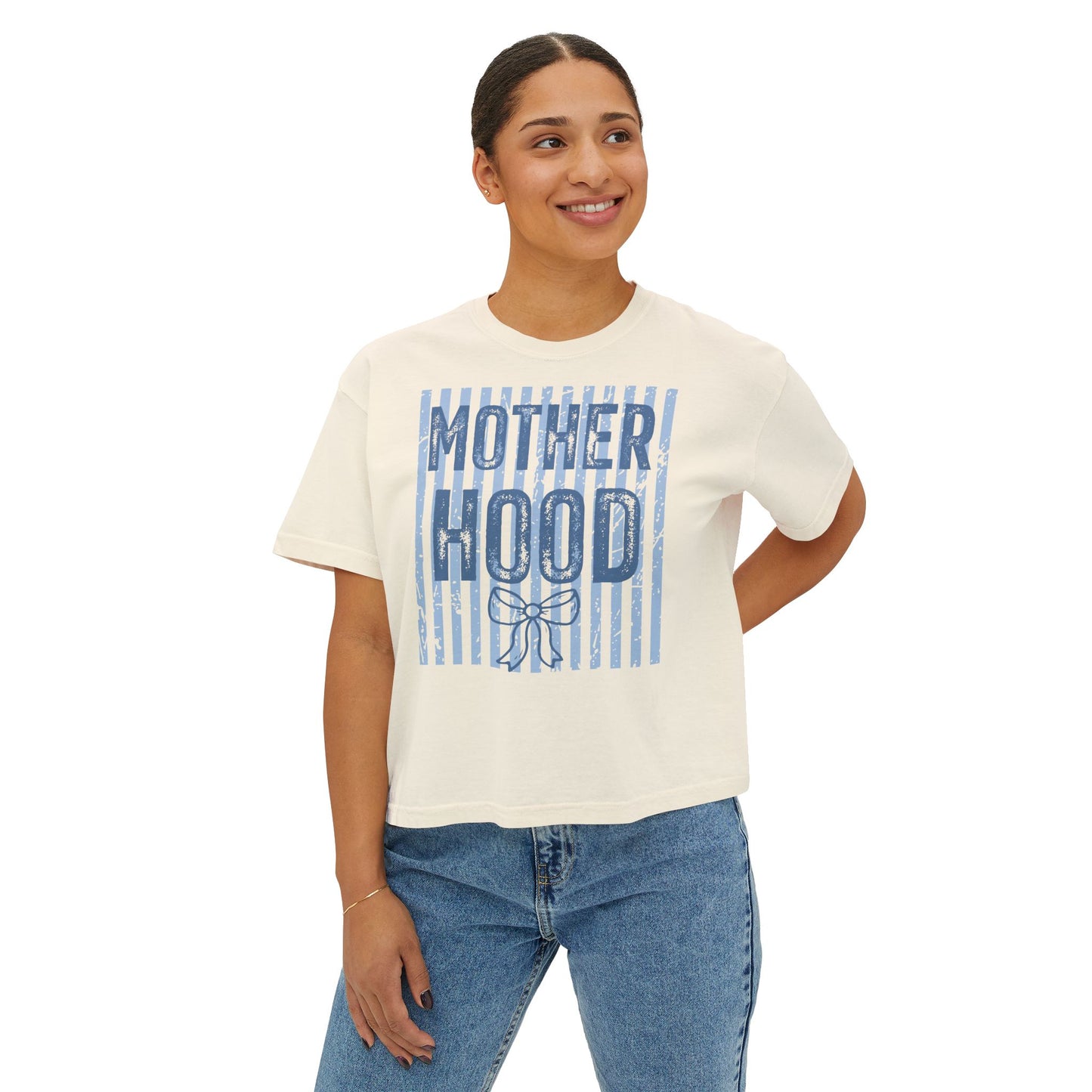 Motherhood Boxy Tee — Vintage Blue Striped Mom Shirt