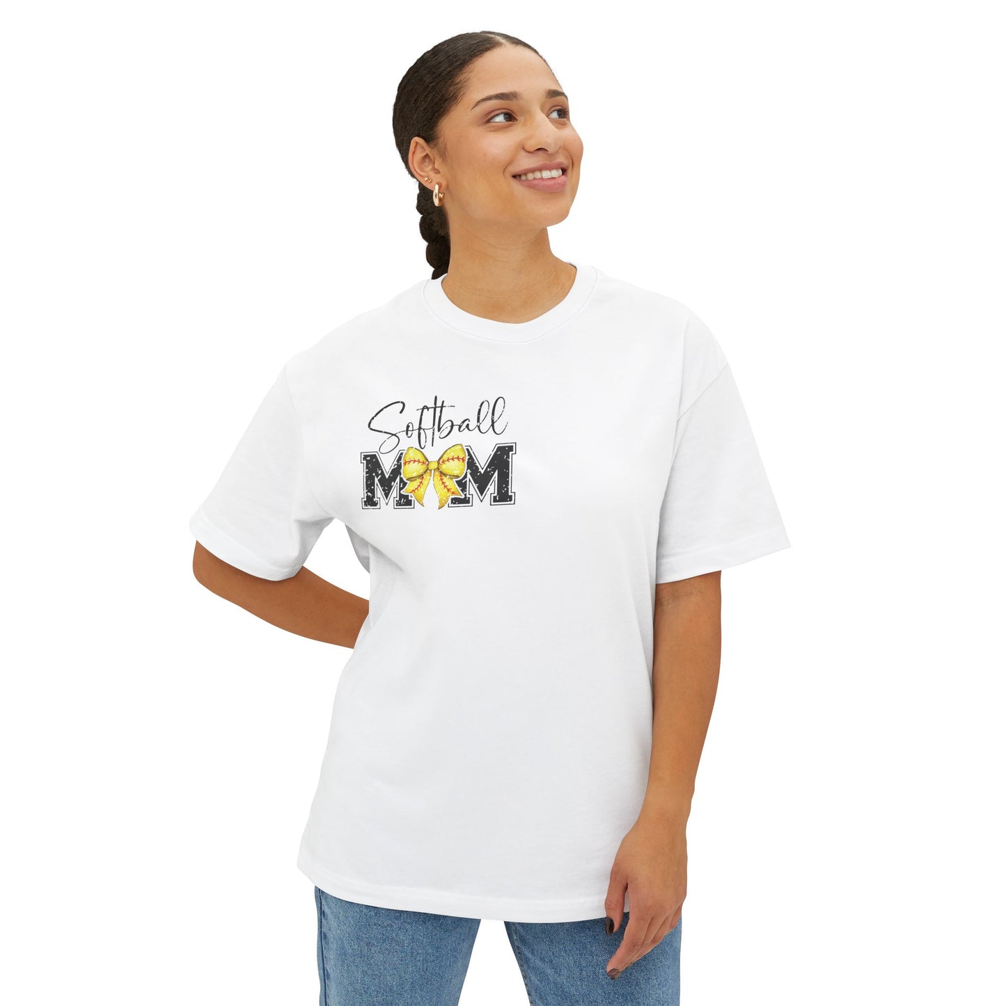 Softball Mom Tee — Yellow Bow Graphic Oversized Boxy Shirt