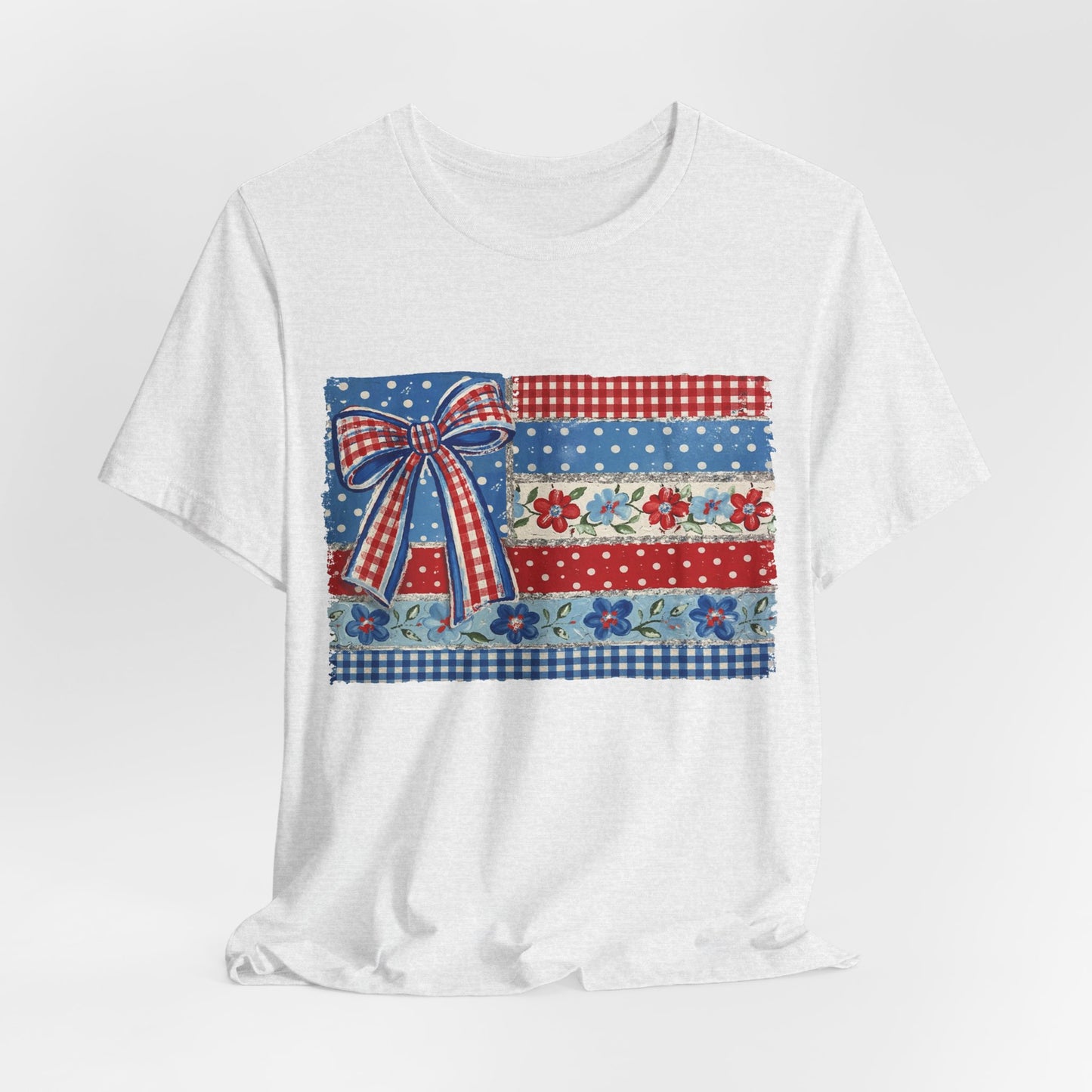 Patriotic Patchwork Flag Tee — Red, White & Blue Bow Fourth of July Shirt