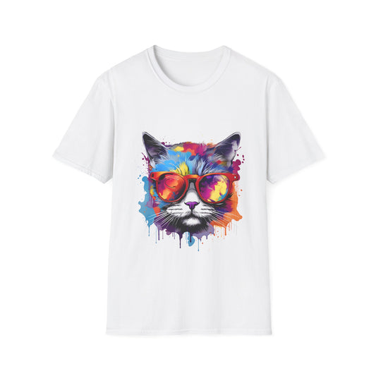 Colorful Cat Sunglasses T-Shirt — Vibrant Watercolor Cat Graphic Tee