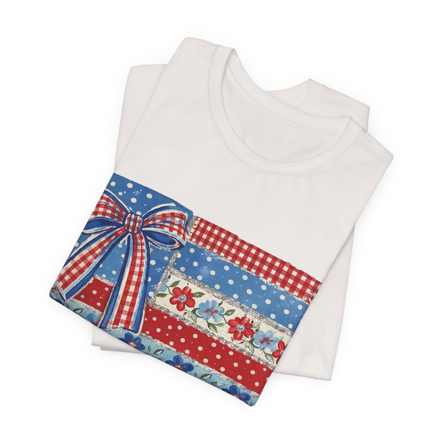 Patriotic Patchwork Flag Tee — Red, White & Blue Bow Fourth of July Shirt