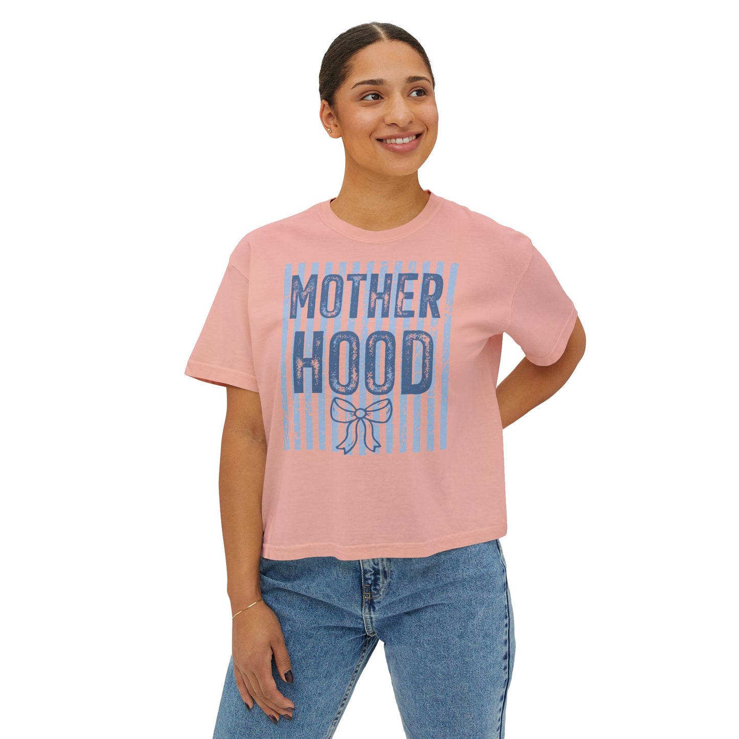 Motherhood Boxy Tee — Vintage Blue Striped Mom Shirt