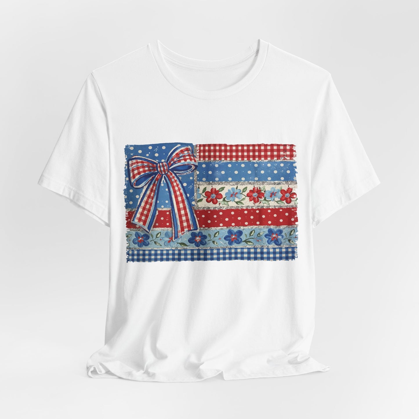 Patriotic Patchwork Flag Tee — Red, White & Blue Bow Fourth of July Shirt
