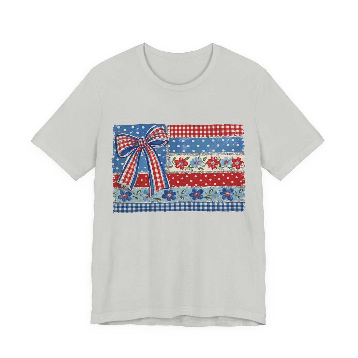 Patriotic Patchwork Flag Tee — Red, White & Blue Bow Fourth of July Shirt