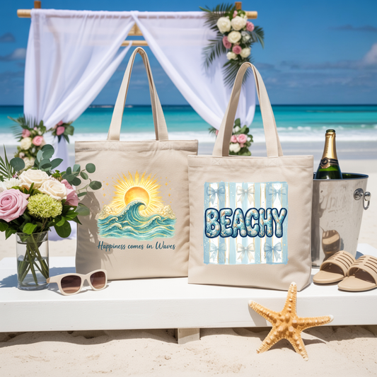 Tote Bag — "Happiness Comes in Waves" Sun & Wave Canvas Tote