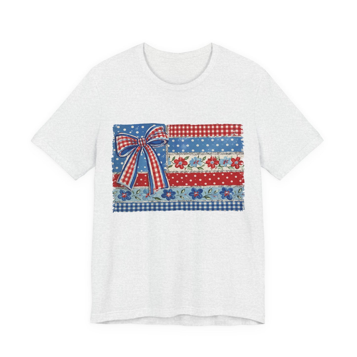 Patriotic Patchwork Flag Tee — Red, White & Blue Bow Fourth of July Shirt