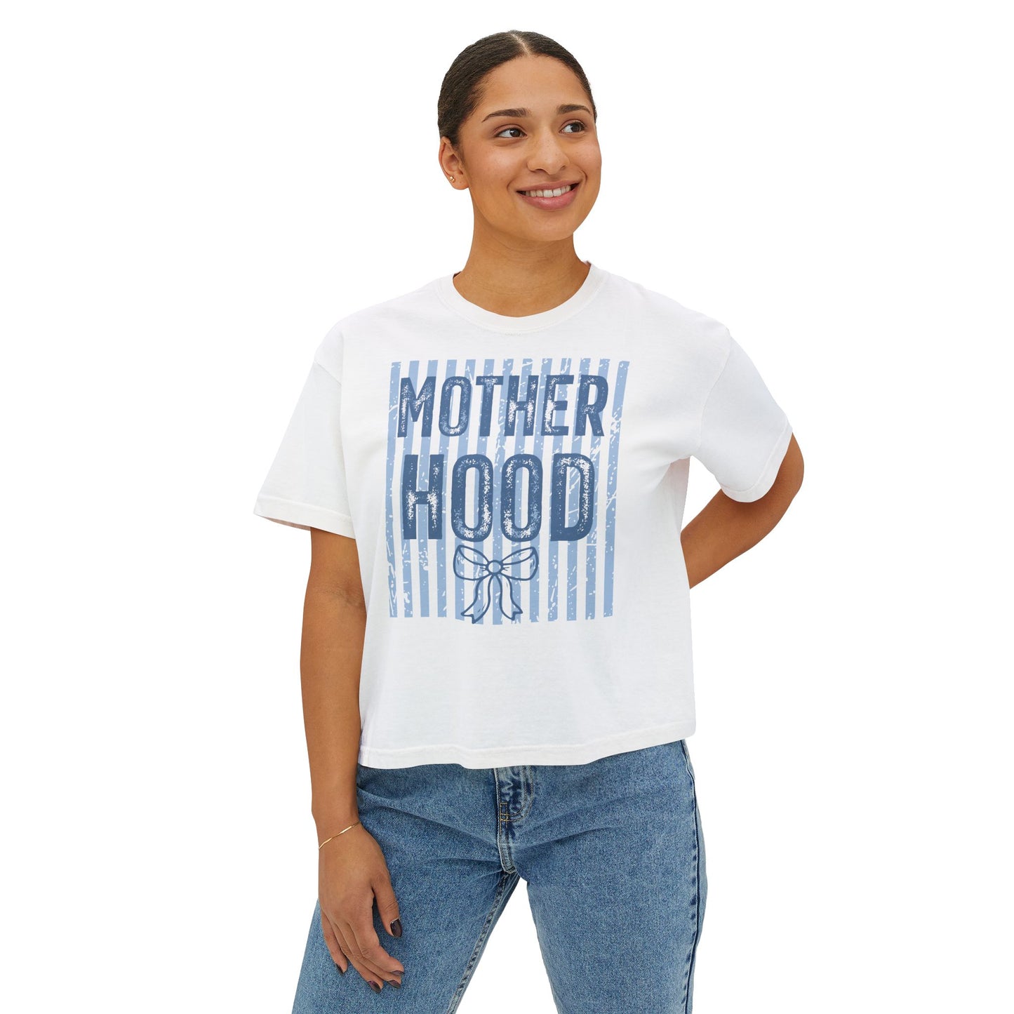 Motherhood Boxy Tee — Vintage Blue Striped Mom Shirt