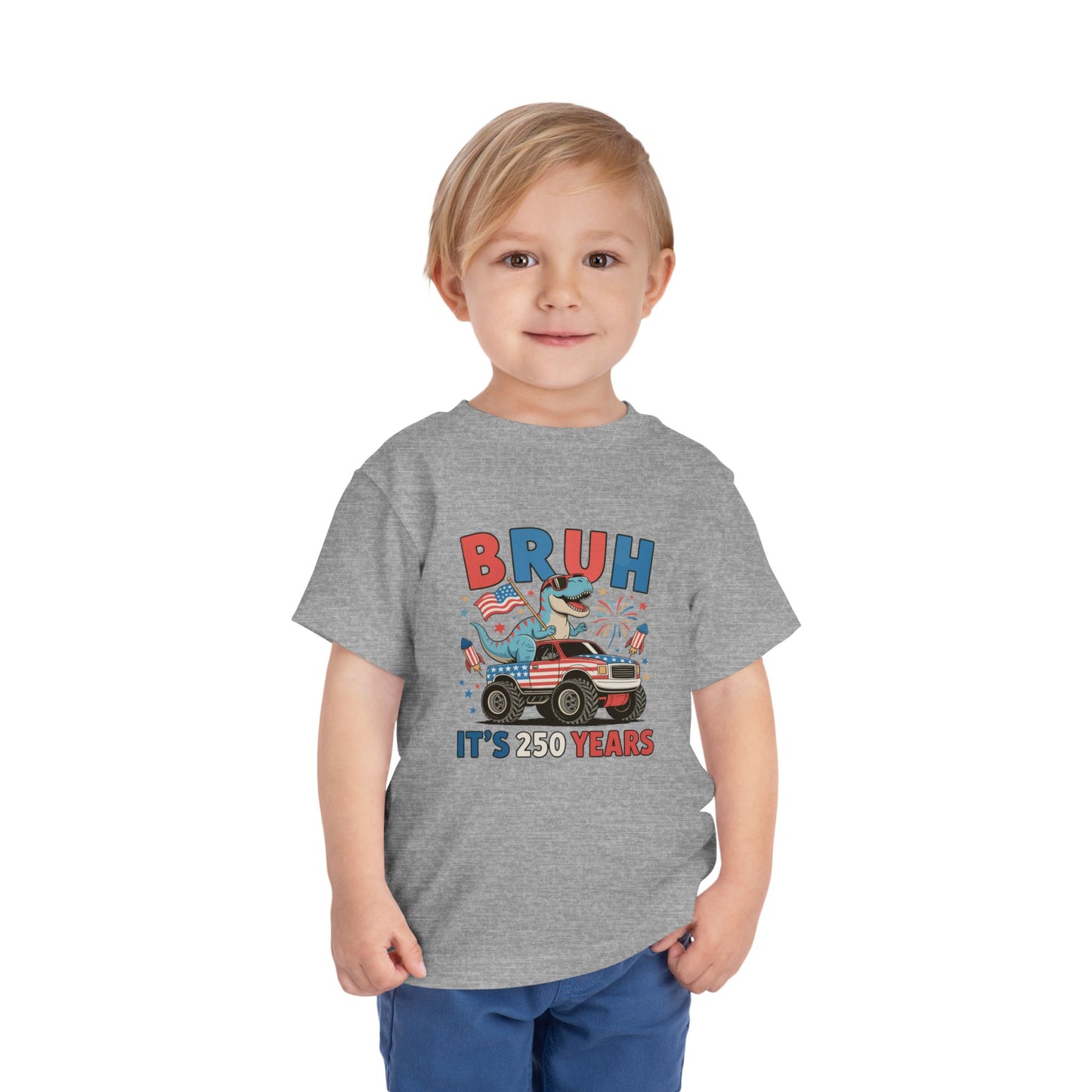 Toddler Tee — "BRUH It’s 250 Years" Patriotic Dino Truck Kids Shirt