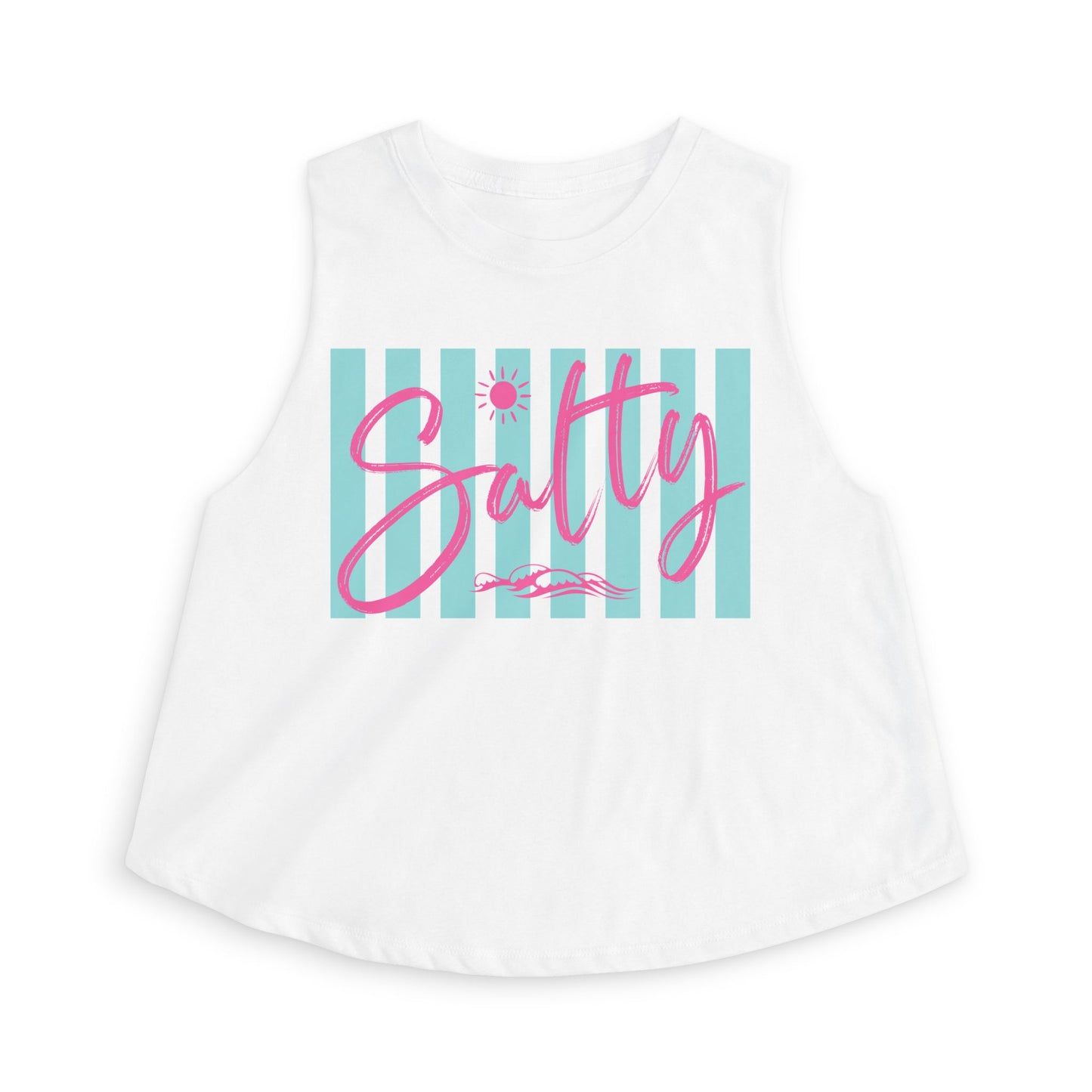 Salty Crop Top — Women's Beachy Striped Tank with Pink Script