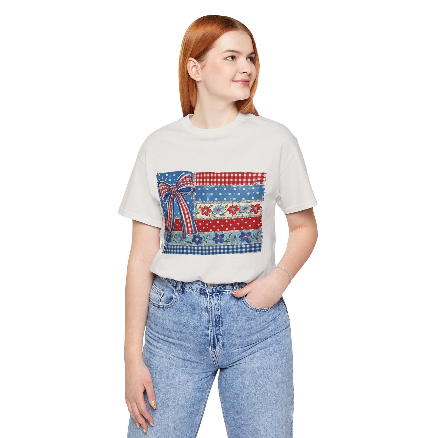 Patriotic Patchwork Flag Tee — Red, White & Blue Bow Fourth of July Shirt