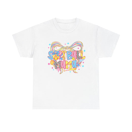 Cheerful 'Softball Mom' Graphic Tee — Pastel Bow & Sparkle Design