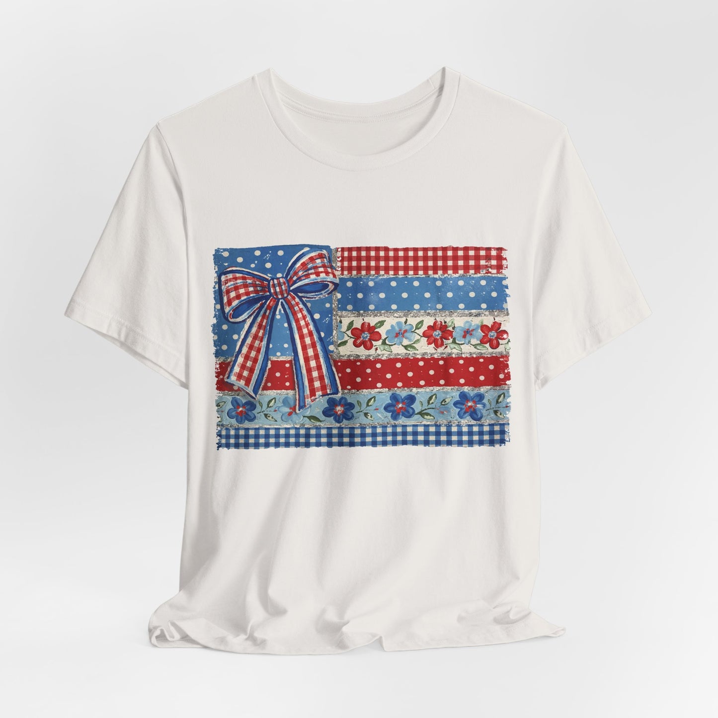 Patriotic Patchwork Flag Tee — Red, White & Blue Bow Fourth of July Shirt