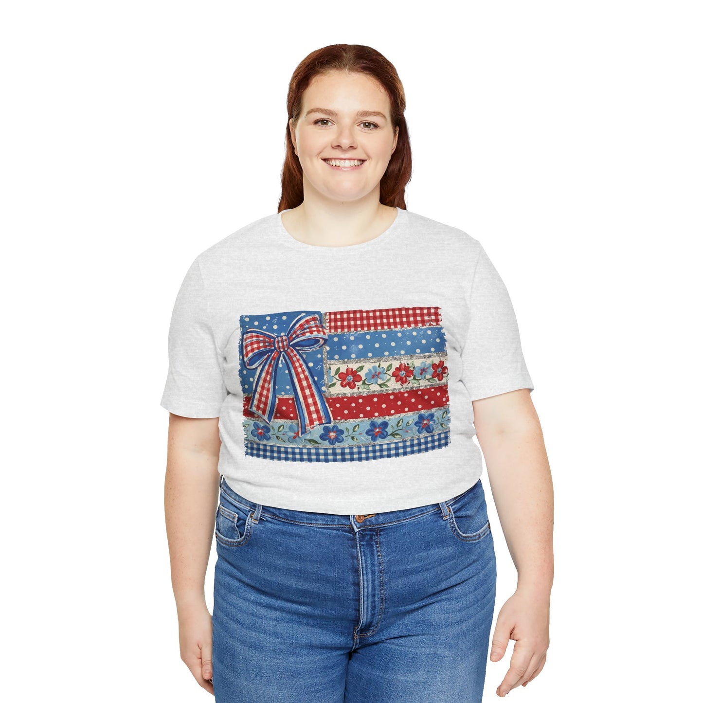 Patriotic Patchwork Flag Tee — Red, White & Blue Bow Fourth of July Shirt