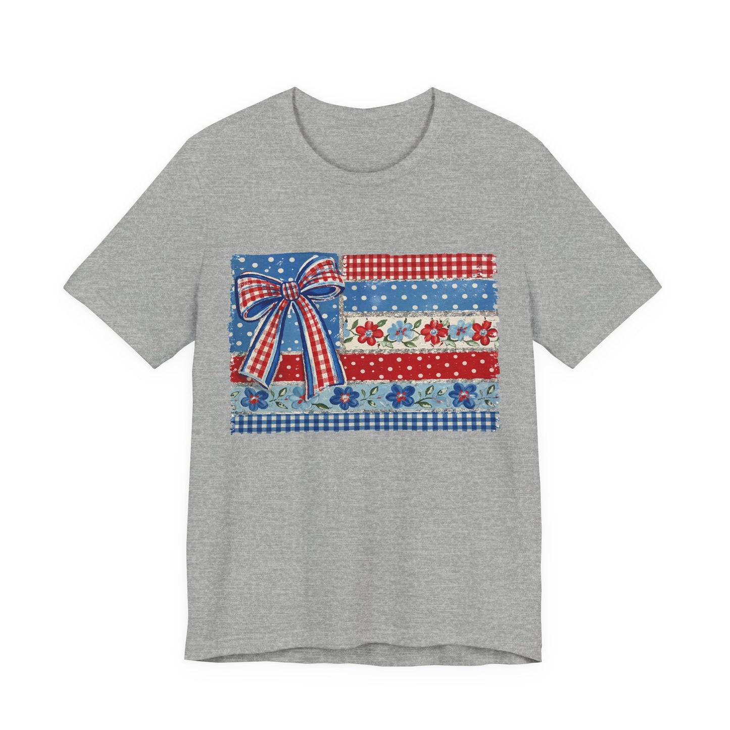 Patriotic Patchwork Flag Tee — Red, White & Blue Bow Fourth of July Shirt