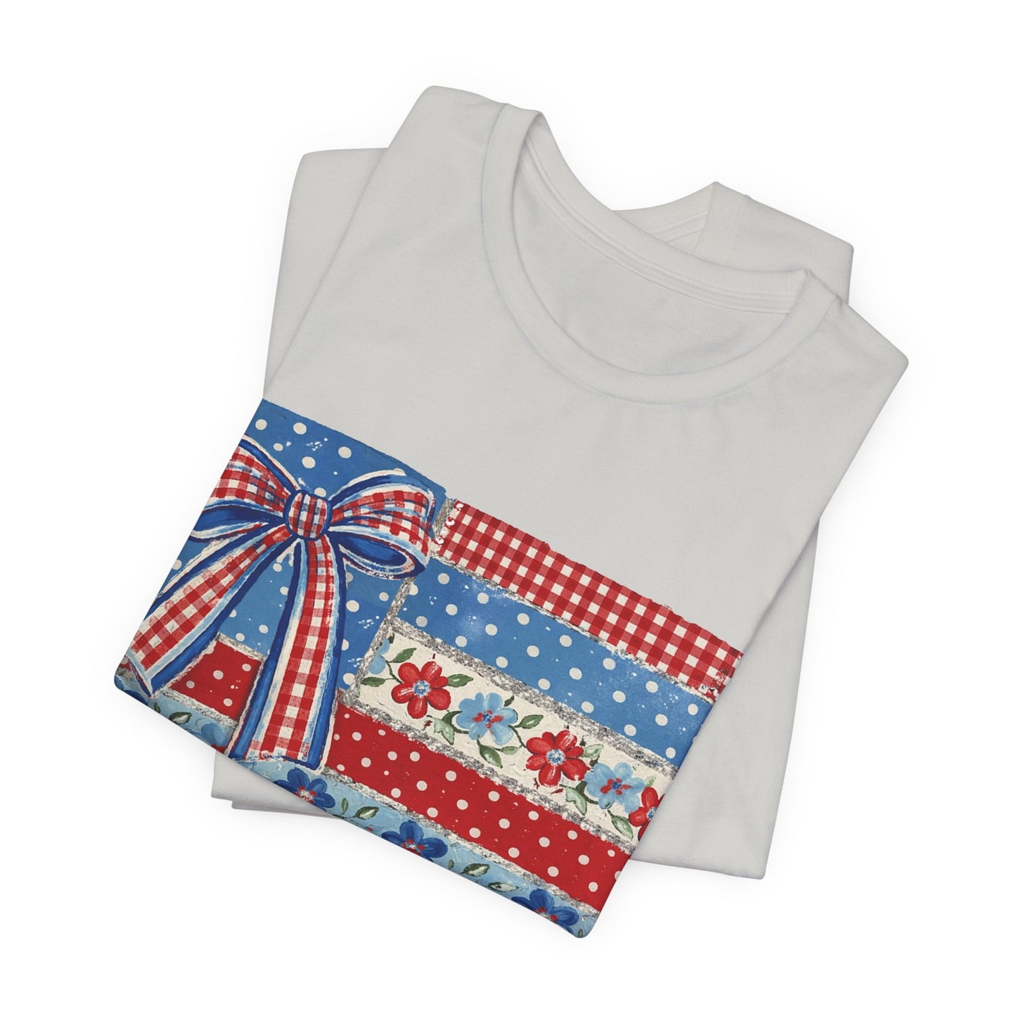 Patriotic Patchwork Flag Tee — Red, White & Blue Bow Fourth of July Shirt