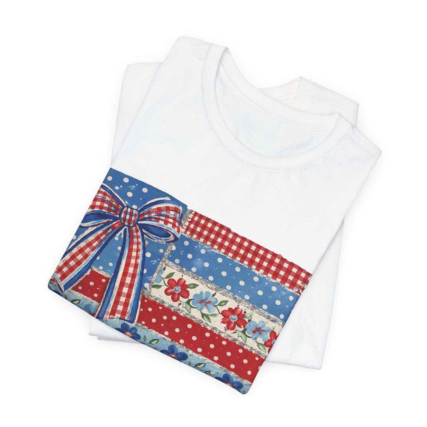 Patriotic Patchwork Flag Tee — Red, White & Blue Bow Fourth of July Shirt