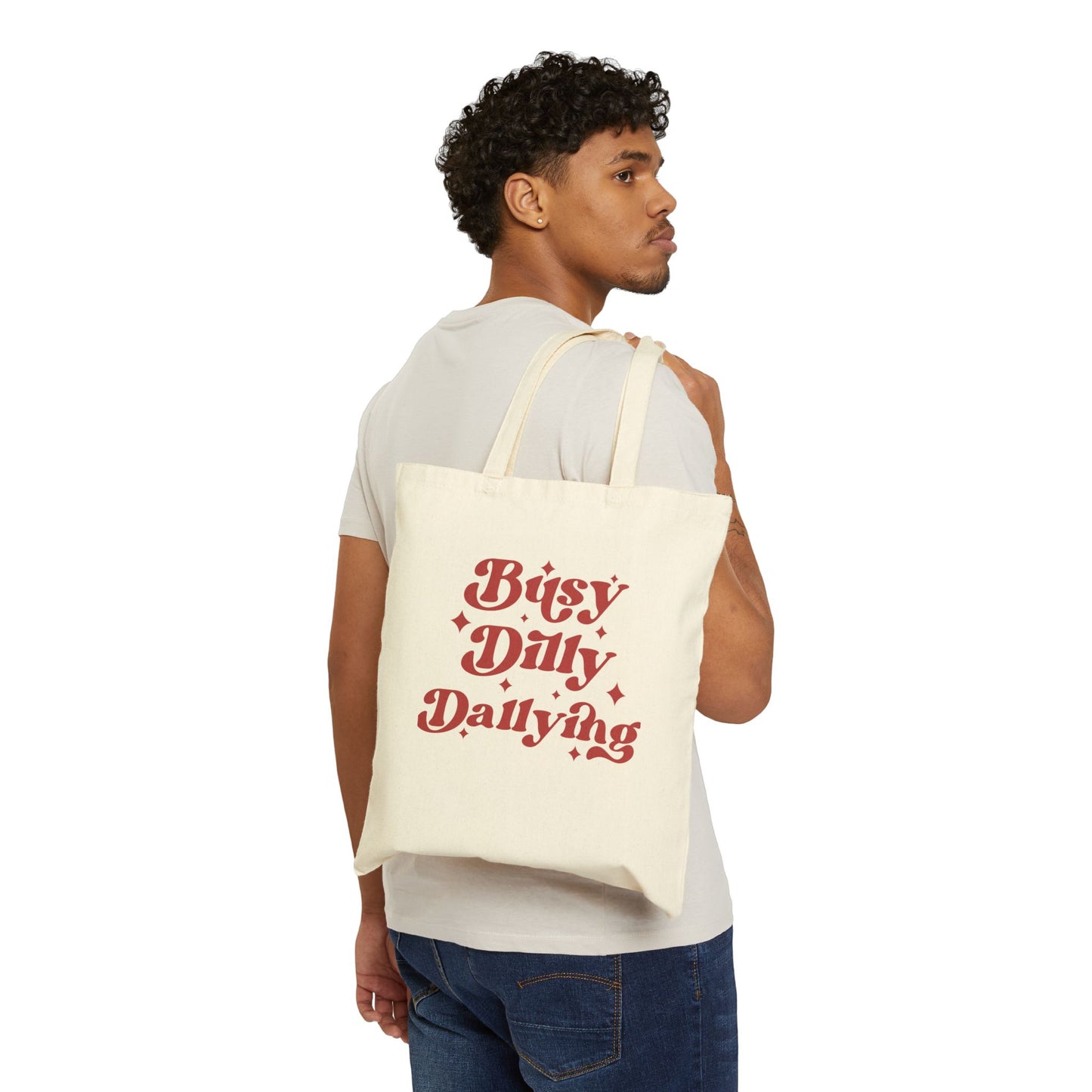 Canvas Tote Bag — "Busy, Daily, Dailying" Retro Script Shopper
