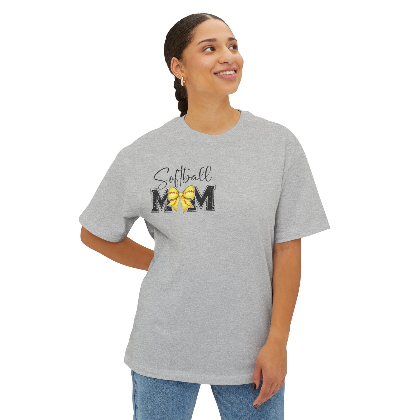 Softball Mom Tee — Yellow Bow Graphic Oversized Boxy Shirt