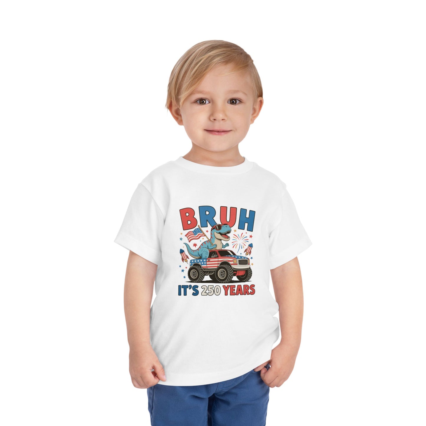 Toddler Tee — "BRUH It’s 250 Years" Patriotic Dino Truck Kids Shirt